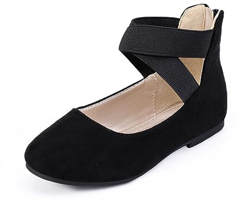 Hehainom Girls Dress Shoes Toddler Little Kids Gracy Ballet Mary Jane Ballerina Flats with Elastic Ankle Strap Black Suede