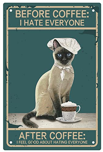 CREATCABIN Gato Cartel de Chapa Café Metal Vintage Retro Arte Mural Colgante Pintura de Hierro Póster Placa Animales Divertidos Familia Decoraciones de Pared para Sala de Estar Dormitorio Cocina Café
