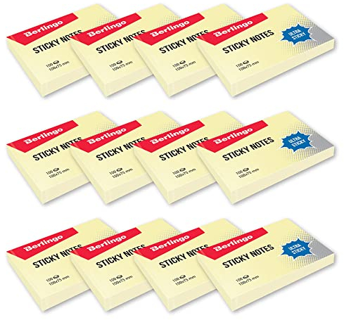 Berlingo Klebezettel Block, 100x75 mm, 12 Blöcken, 100 Blatt pro Block, klebende Notizzettel für Notizen und To-Do-Listen, Serie Ultra Klebrig, pastell farben, gelb