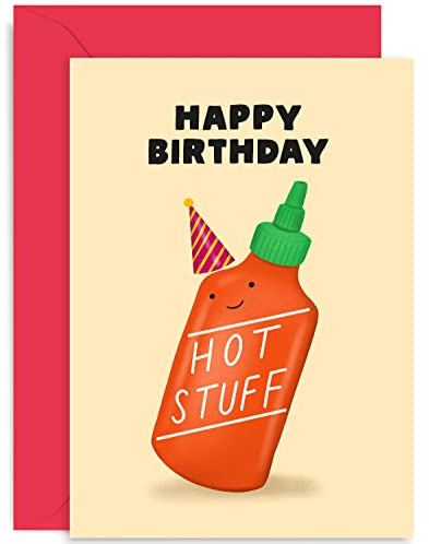 Old English Co. Funny Happy Birthday Card for Husband or Wife - Cute 'Hot Stuff' Chilli Hot Sauce Card for Men or Women - Boyfriend, Girlfriend, Fiance, Partner| Blank Inside with Envelope