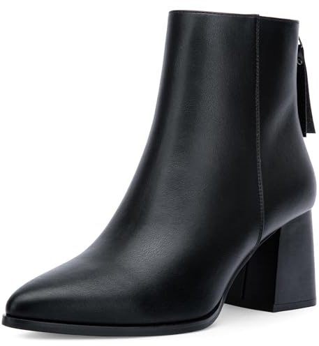 Jeossy Women's Black Chunky Heeled Ankle Boots, Pointed Toe Stacked Block Heel 9635 Booties with Zipper Size 10 (DJY9635 Black 10)