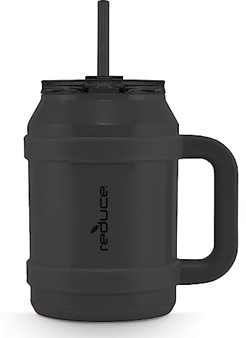 REDUCE Wiederverwendbarer 1,4 l Cold1 Wasserbecher – ergonomischer Griff – doppelwandige Isolierung – stabiler Desktop-/Tischbecher mit Deckel und Strohhalm – BPA-frei – Edelstahl für Fitnessstudio,