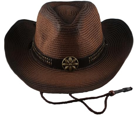 PIDUDU Cappello di paglia da cowboy, classico cappello in feltro a tesa larga in stile occidentale e cappello da cowgirl con fibbia, per donne e uomini, Caffè, taglia unica