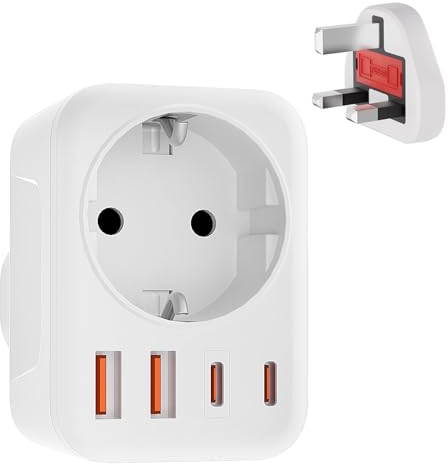 Reiseadapter UK Adapter England Deutschland Stecker, 5-in-1 Steckdosenadapter England mit 1 AC, 2USB-C+2USB-A(3.4A),Reiseadapter Typ G, UK Adapter für EU zu England/Irland/London/Malta/Malediven/Dubai