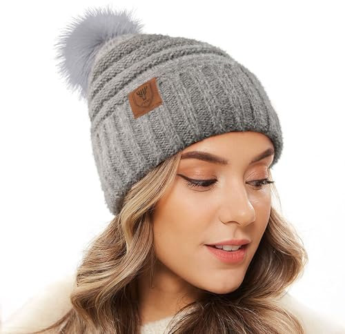OZERO Damen Wintermütze Haube Strickmütze: Bommelmütze Thermo Fleece Gefütterte Beanie Mütze Wollmützen Mit Kunstfell Pudelmütze Winterkappe (Grau)