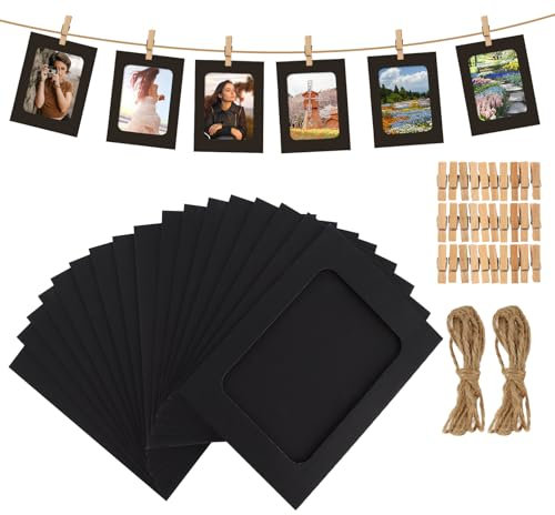 AHAQU 60 Pack 6x4 Inches Paper Photo Frame, Picture Frames Hanging Photo Frames With Mini Wooden Clips & Hemp Ropes, Cardboard Picture Frame for Home Dorm Office Wall Decor- Black