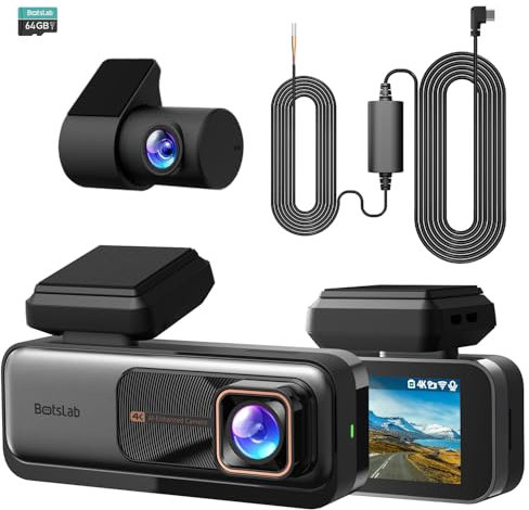 BOTSLAB 4K Dash Cam Auto,5GHz WiFi e GPS,Doppia Telecamera per Auto con Scheda SD 64G,ADAS,24H Monitor di Parcheggio,Super Visione Notturna,WDR,G-Sensor,Registrazione in Loop,Grandangolo 170°