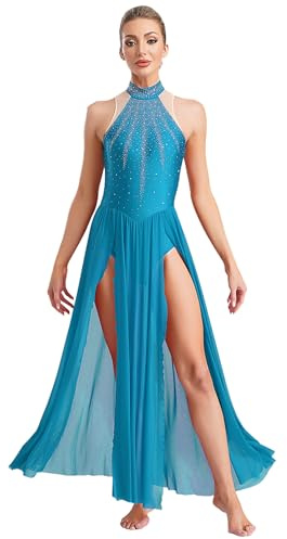 Xnihocha Vestido de Baile Largo Lírico Ballet Chispeante Rhinestone Salón de Baile Vestido de Tango con Swing Vestido Dancewear