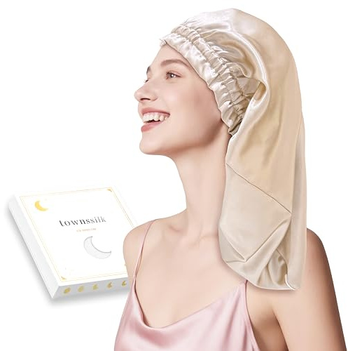 townssilk Bonnet de nuit en soie, 100% mûrier 22 momme, pour femme, luxueux, respirant, tient bien toute la nuit & sans pression, idéal pour cheveux longs et bouclés – Taupe 58cm
