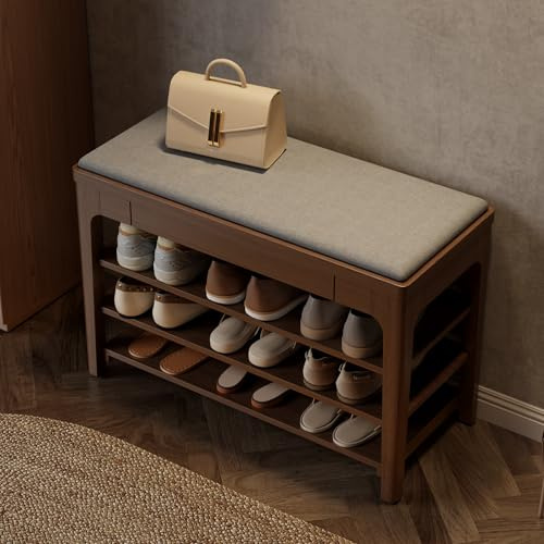 Solid Wood Shoe Bench with Storage, 2-Tier Shoe Storage Bench with Cushion