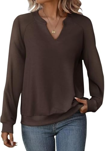 Cuptacc Pull Femme Hiver Chemise Femme Col en V Haut Chic Et Elegant Chemisier Manches Longues Sweat Café Petit S 36