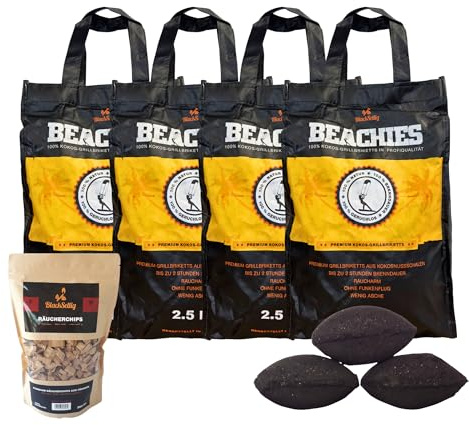BlackSellig Beachies 10 kg (4 x 2,5 kg) Kokos Grill Briketts – Reine Kokosnussschalen – Profiqualität – wenig Rauch, heiß & schnell | Für Kurze BBQs+360g Smokerchips