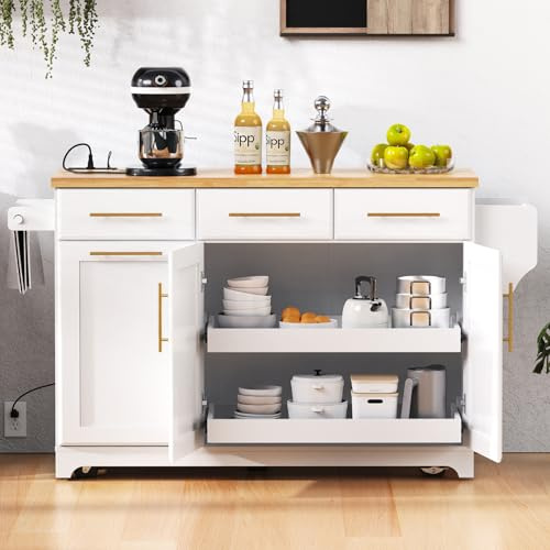 Isola da cucina in legno di caucciù bianco da 150,6 cm, con foglia a goccia, 2 armadietti estraibili, porta bidone della spazzatura e portaspezie, ideale per la casa moderna