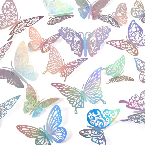 Handship Lot de 84 décorations murales 3D en forme de papillon irisé, 3 tailles, 7 styles de papillons métalliques, autocollants muraux amovibles pour fête d'anniversaire, décoration de gâteaux