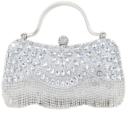 Evening Bag Clutch Purses for Women Small Fringe Rhinestone Purse Party Shoulder Handbags Mini Diamond Wedding Crossbody Bag (silver)