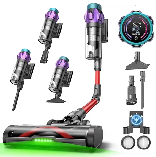 Ultenic Akku Staubsauger 55000Pa/600W/80Min, 1,6L Staubsauger Kabellos mit Multi-Zyklon-Filtration, Touchscreen, Anti-Tangle-Bürste, Wandladestation, Selbststehend，für Tierhaare/Teppiche/Hartböden,Rot