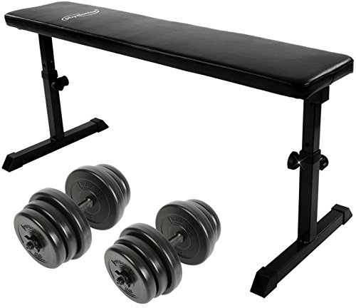 Physionics® Hantelbank mit Hantelset - Hantelbank (höhenverstellbar, 200kg belastbar, Stahl), Hantelset (2 Kurzhanteln, 40kg, Verstellbar, Ø 25cm) - Flachbank, Trainingsbank, Fitnessbank mit Gewichten