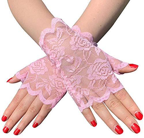 Tvoip 1 Pair Womens Sun Protection Driving Half Finger Gloves Charming Sexy Lady Girl Lace Party Costume Fingerless Gloves (Pink)