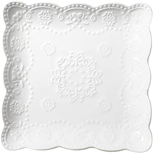 YBK Tech Elegant Square Embossed Lace Plate, Ceramic Serving Plate for Breakfast Afternoon Tea (White, 10-inch)
