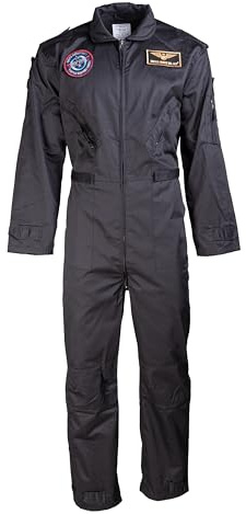 Mil-Tec US Fliegerkombi mit Abzeichen • Taktischer Overall inklusive 4 Patches • Robuster Fluganzug mit Metall-Reißverschluss • Verstellbare Passform • Gr. 46-60 • Schwarz, Oliv (Schwarz, 46)