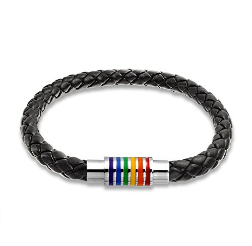 Bling Jewelry La Bande Arc En Ciel Flag Noir Bracelet Jonc Tressé En Cuir De Pu Lgbtq Bracelet Tressé Pour Hommes Pour Femmes Fermoir Magnétique Inoxydable