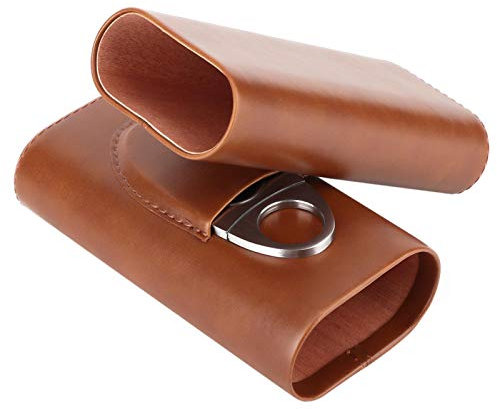 3 Tubes Portátil Viajar Humidor, Estuche para Puros de Cuero con Forro de Madera de Cedro, Humidificador de Cuero Caja de 3 Tubos con Cortador de cigarros de Acero Inoxidable para viajar(marrón)