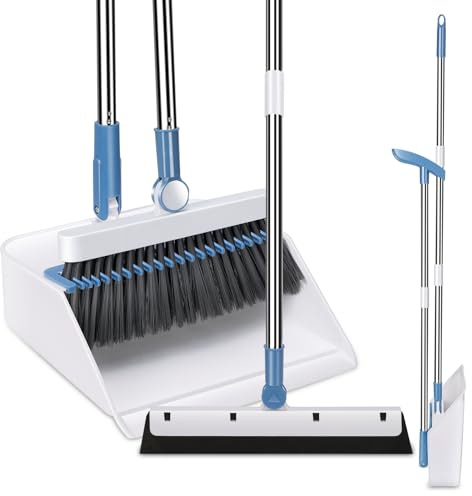 MASTERTOP Long Handled Dustpan and Brush Set, Sweeping Broom Sets with Floor Squeegee & Comb Teeth, Set of 3 Upright Broom and Dust Pan Set for Indoor, Outdoor, Home, Lobby, Kitchen, Office, Room