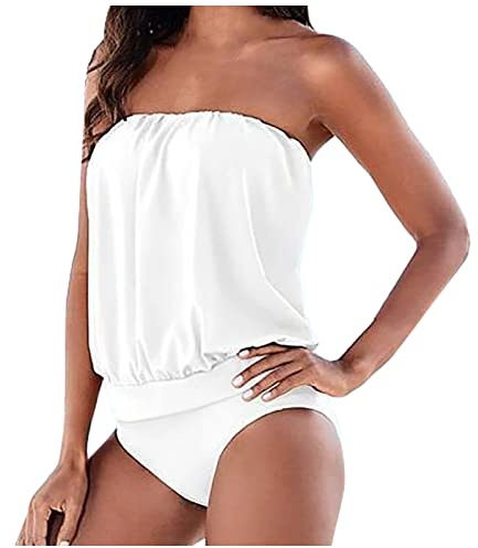 JJPAR Bikini Bandeau Femme 1 Pieces Cache Maillot de Bain Amincissant Gainant Ventre Plat Sexy Taille Haute Rembourré Menstrue Bustier Tankini Shorty Vintage Pas Cher Fête Plage Blanc 3XL, (JJPAR)