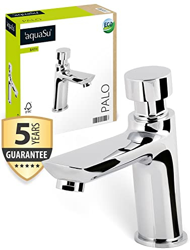 aquaSu® Standventil Palo mit Wassersparmischdüse, selbstschließend mit einstellbarer Durchflussmenge, Kaltwasserhahn aus Messing, klassische Waschbeckenarmatur in chrom, 796224