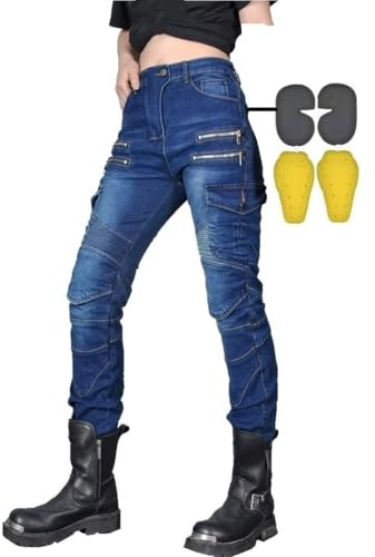 CBBI-WCCB Mujer Moto Jeans Motocicleta Pantalones con Almohadilla Protectora (FR/ES, Medida de la Cintura & Longitud de la Pernera, 34, 32, Azul)