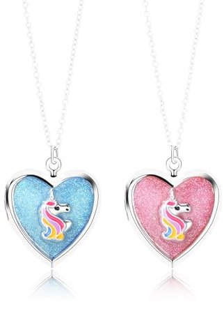 Hifot 2 Stück Foto Medaillon Halskette Damen Silber Freundschaftskette, Bff Ketten für 2 Mädchen, Einhorn Halskette Herz Anhänger, Modeschmuck Halskette für Freundin Geschenk Personalisierter Schmuck