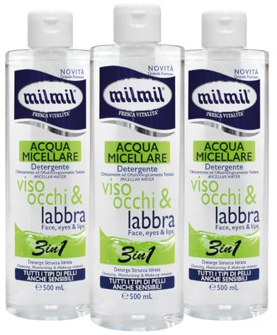 Milmil Acqua Micellare Struccante Viso e Occhi, Azione 3 in 1, Deterge, Strucca e Idrata la Pelle, 3 Pezzi x 500 ml