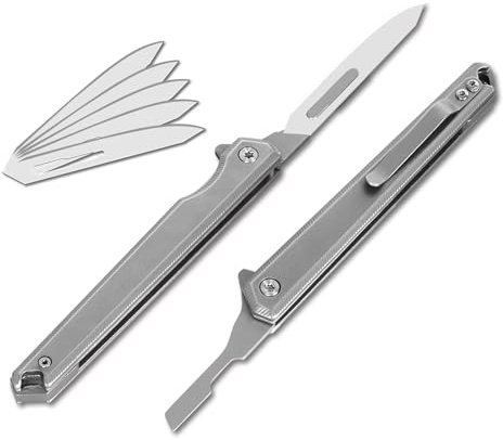 Folding Scalpel Knife with 5pcs #60 Scalpels Replaceable Blades, Surgical Knife with Clip, EDC Pocket Knife for Men, Everyday Carry, Box Cutter, Razor Utility, Cool Knives, Gift for Men Women