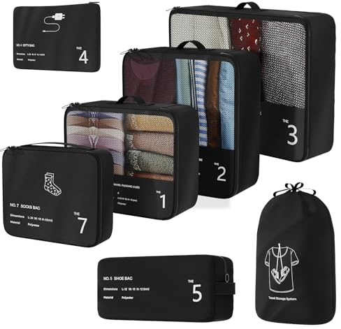 Koffer Organizer Set, 7 Stück Packing Cubes, Packwürfel für Koffer, Packing Cubes Compression als Rucksack Organizer - Travel Packtaschen Reise - Camping Zubehör & Wander Ausrüstung(Schwarz)