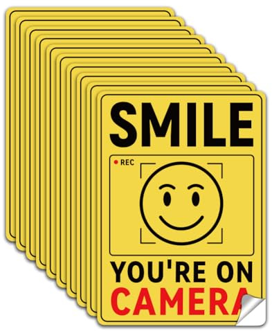 WADORN Lot de 10 autocollants de sécurité en PVC imperméable avec inscription « Smile You're On Camera » - Pour entreprise, maison, cour - 13 x 18 cm