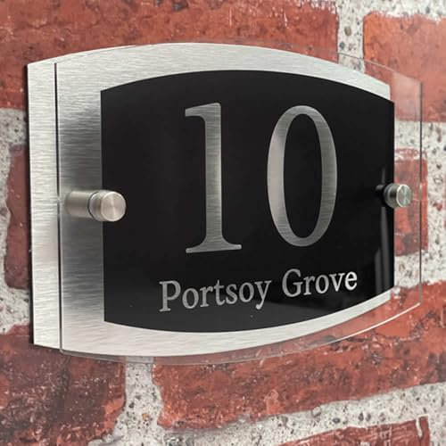 House Numbers Plaques Modern Black Door Plaques For Wall Address House Number Plates for Outside Personalised Front Door Number Perspex Acrylic Door Sign (Black Background & Clear Text)