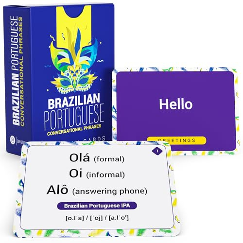 Briston Tarjetas de frases portuguesas con fonética, tarjetas de portugués brasileño para principiantes, mazo portugués conversacional para viajes y práctica de habla, ayudas de aprendizaje portugués