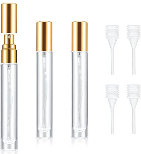 4 STK Parfümzerstäuber Nachfüllbar, 10ml Glas Parfüm Abfüller, Mini Reise Parfum Zerstäuber für Unterwegs, Portable Leere Sprühflaschen für Reise Tasche Perfume Bottle Atomizer + 4 Pipetten(Gold)