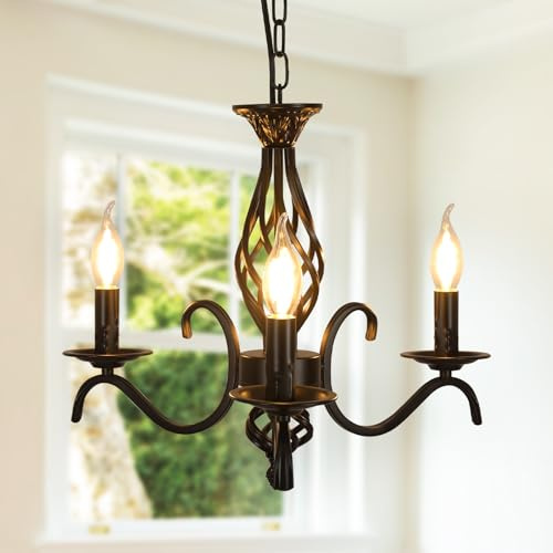 Osairous Kronleuchter Vintage Schwarz 3 Flammig, Landhausstil Wohnzimmerlampe Hängend, Industrielle Kücheninsel Pendelleuchte mit E14 Fassung-Ohne Leuchtmittel