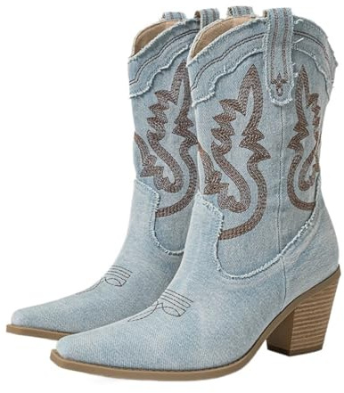 YXADGML Botas Cowboy Mujer Botines Vaqueros de tacón Alto con Punta Gruesa y sexys for Mujer, Estilo Occidental, Talla 42(Shallow Blue,37)