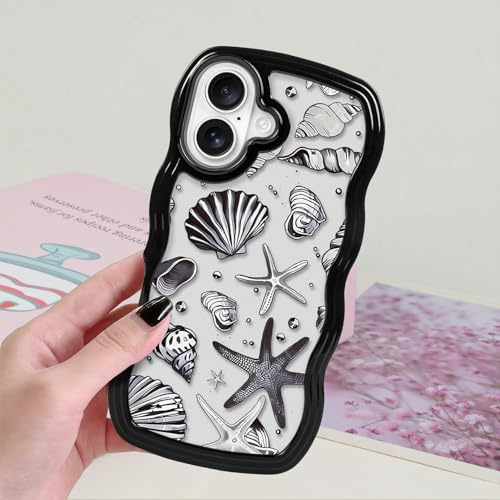 xoniery Cute Case for iPhone 16, Curly Wavy Girly Beach Ocean Seashell Conch Starfish Summer Pretty Phone Case, Soft Wave Clear Slim TPU Shockproof Anti-scratch Cover for Girl/Women/Men - Black