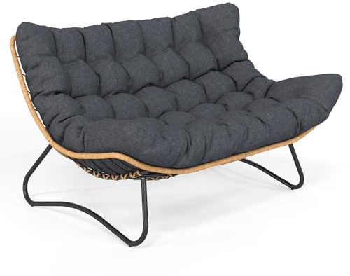 SWITTE Outdoor Papasan Loveseat, Oversized Double Wicker Egg Chair with Cushion, All-Weather Rattan 2-Seater Patio Lounge Chair for Balcony, Backyard, Poolside, Porch - Grey