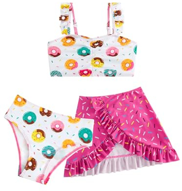 JiAmy Conjunto de tankini para niña, 3 piezas, con falda con volantes, bikini para niños, traje de baño para niños, tirantes ajustables, fresa, sirena, sandía, rosquilla, 4-8 años, Rosado Donut, 5-6