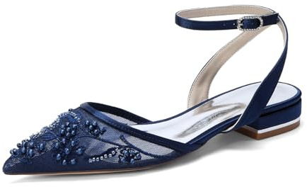 Yhsdfcn Spetsiga Slingback Bröllopsskor Platta, Brudskor med Öppen Häl och Anklerem, Eleganta Ballerinas i Mesh med Blomsterbroderi och Pärlor