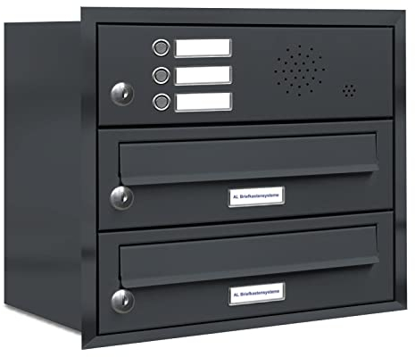 AL Briefkastensysteme, 2er Unterputzbriefkasten mit Klingel in Anthrazit Grau RAL 7016, 2 Fach wetterfeste Briefkastenanlage, Doppel-Briefkasten, Design modern