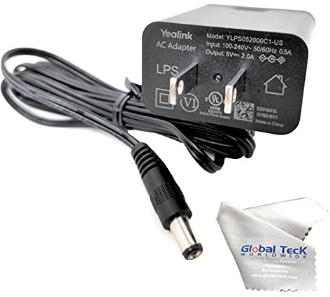 Yealink PS5V2000US Power Supply Adapter 5V 2A - Compatible with Yealink SIP Phones: T54W, T29G, T46S, T46U, T48S, T48U, T52S, T54S, T56A, T58V, T58A, T73U, T73W, T74W, T74U, T77U, w/Global Teck Cloth