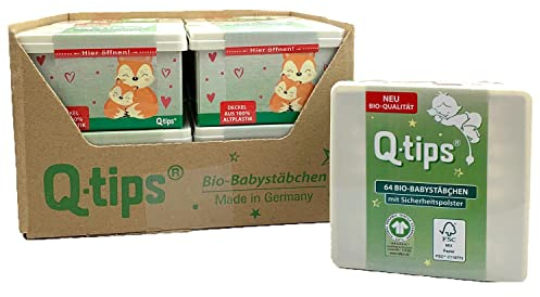 Q-tips Bio Baby-Wattestäbchen, in praktischer Würfelbox, Vorteilspack (12x 64 Stück), für die sanfte Reinigung von Kinderohren