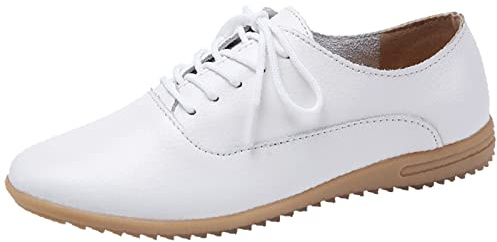 Chaussures Plates pour Femmes Loafers De Marche Mocassins Fond Souple À Lacets Cuir Travail Bureau Soins Infirmiers Oxfords,Blanc,38 EU