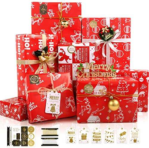 Carta da regalo natalizia rossa, 6 fogli di carta natalizia, 70 x 50 cm, con ciondolo regalo, corda da imballaggio, adesivi e nastri da regalo, motivo angelo, alce di Natale, 70 x 50 cm