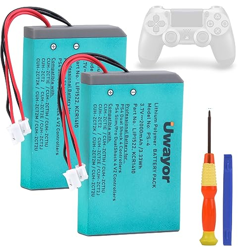 Uwayor PS4 Replacement Battery 2x 2000mAh for Sony Playstation 4 PS4 Controller with Installation Tool, Lithium-Ion, Rechargeable Gaming Controller Accessories (Green)